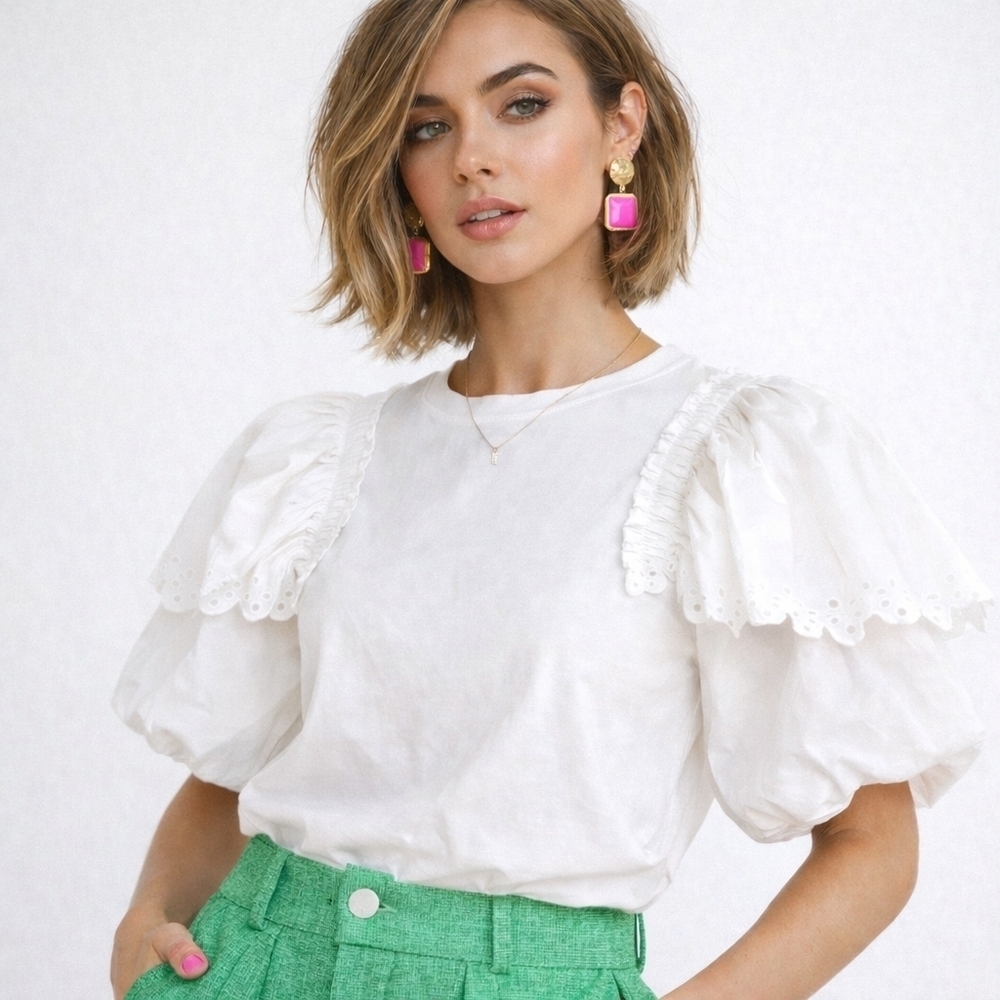 Oddi Sophia White Eyelet Puff Short Sleeve New Preppy Feminine Cotton Blouse - Picture 4 of 9